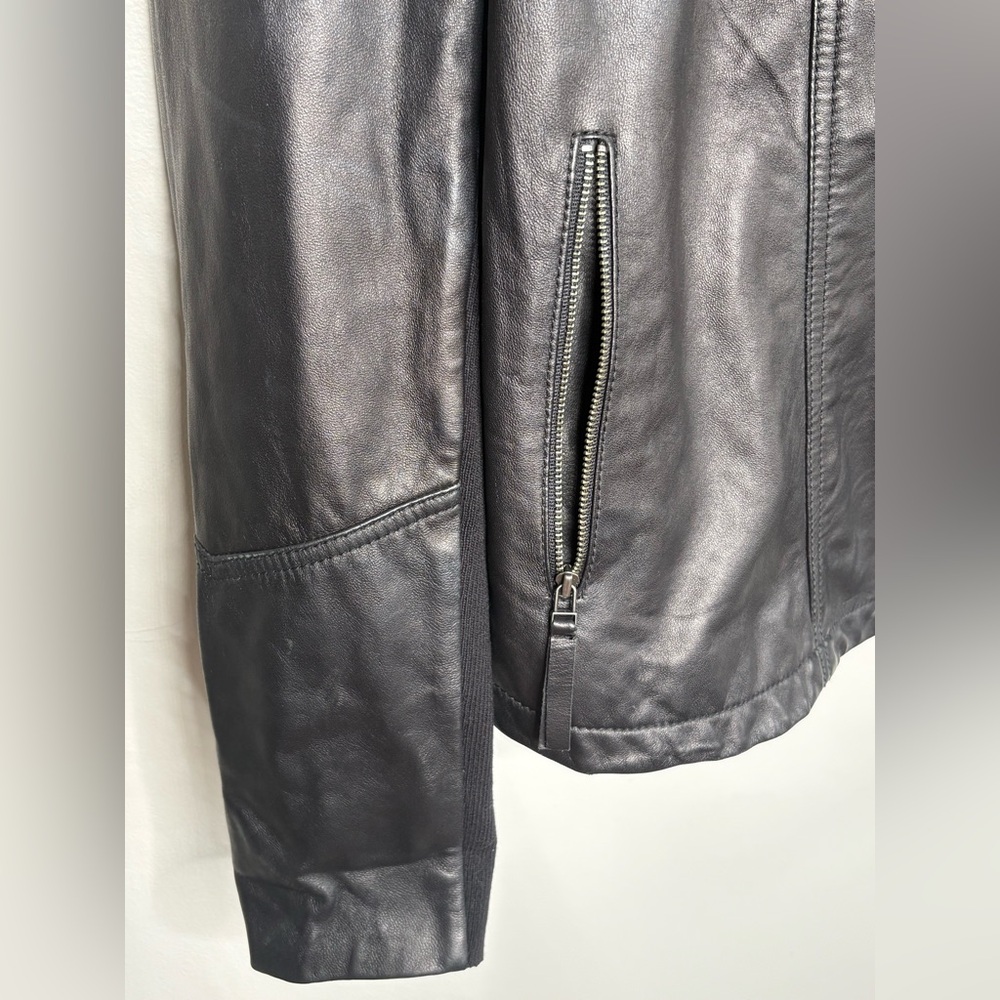 Hinge Black Leather Hooded Moto Jacket Asymmetrical Zip - Picture 4 of 9